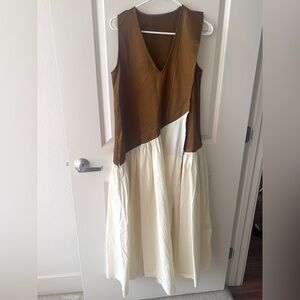 Uma Wang Style Sleeveless Satin Relaxed Fit V-neck A-line Midi Slip Dress